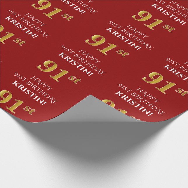 91. Geburtstag: Elegant, rot, Imitate Gold Look Geschenkpapier (Ecke)