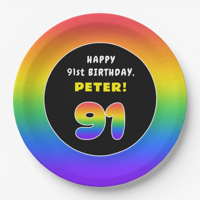 91. Geburtstag: Farbiger Regenbogen Nr. 91, Indivi Pappteller (Vorderseite)