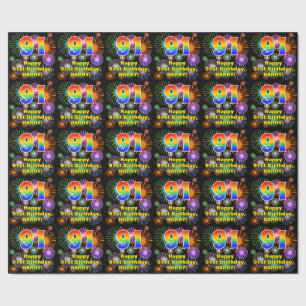 91. Geburtstag: Fun Fireworks, Rainbow Look # "91" Geschenkpapier