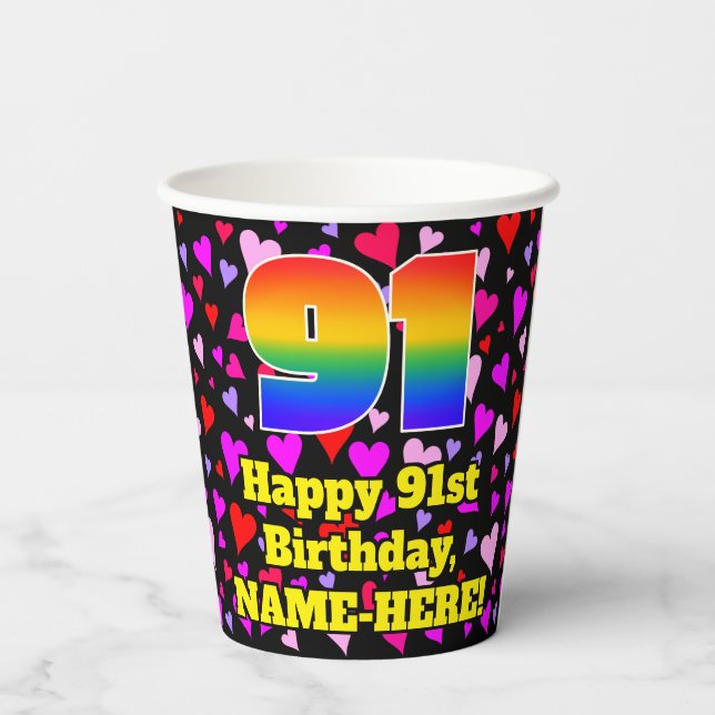 91. Geburtstag: Loving Hearts Pattern, Regenbogen  Pappbecher (Rückseite)