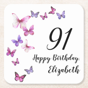 91. Geburtstag Pink Purple Schmetterlinge  Rechteckiger Pappuntersetzer