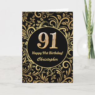 91. Geburtstag Schwarz und Gold Floral Muster Karte
