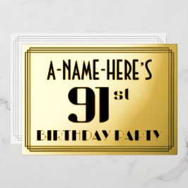 91. Geburtstagsparty: Art Deco Look "91" und Name Folieneinladung