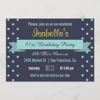 91. Geburtstagsparty Blue Polka Dot und Banner Einladung