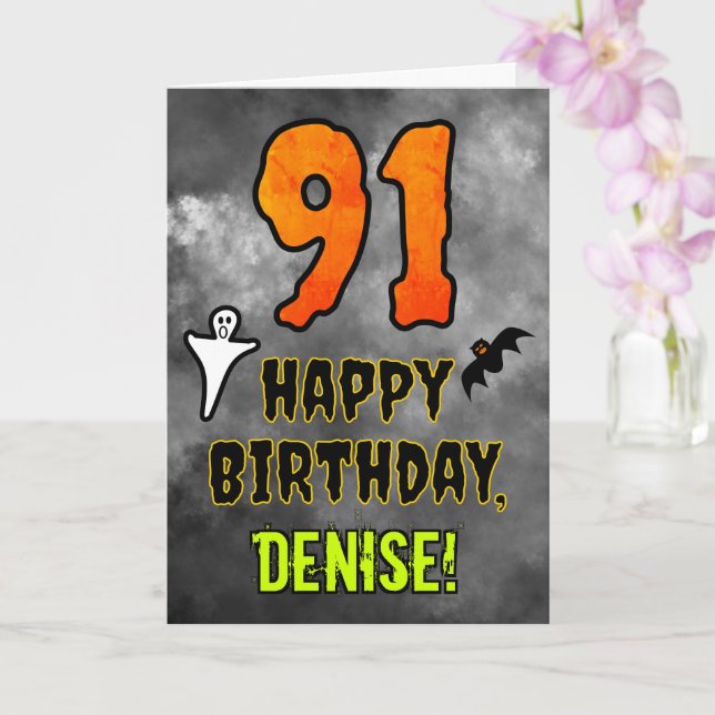 91st Birthday: Eerie Halloween Theme + Custom Name Karte (Orchidee)
