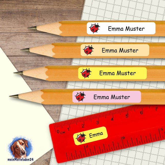92 DIY Stifteaufkleber gelb rosa - Marienkäfer Rechteckiger Aufkleber (92 DIY Stifteaufkleber zum selber ausschneiden - Motiv: Marienkäfer - weiß, apricot, gelb, rosa)