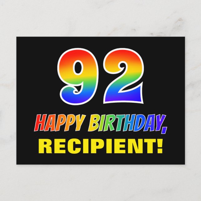 92. Geburtstag: Bold, Fun, Simple, Rainbow 92 Postkarte (Vorderseite)