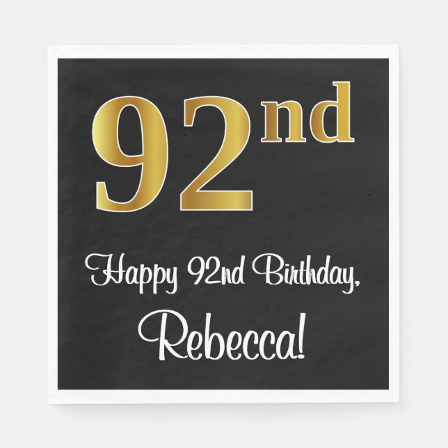 92. Geburtstag ~ Elegante Luxuriöse Imitats Gold L Serviette (Vorderseite)