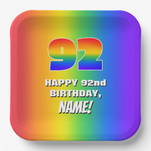 92. Geburtstag: Farbiges, lustiges Regenbogenmuste Pappteller