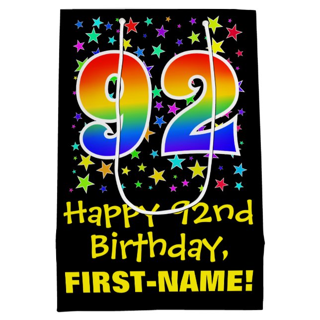 92. Geburtstag: Farbiges Sternenmuster & Regenboge Mittlere Geschenktüte (Rückseite)