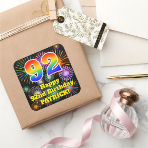92. Geburtstag: Fun Fireworks Look, Rainbow # 92 Quadratischer Aufkleber