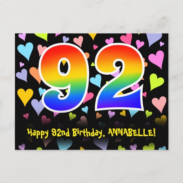92. Geburtstag: Fun Hearts Muster, Regenbogen 92 Postkarte (Vorderseite)