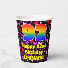92. Geburtstag: Loving Hearts Pattern, Rainbow 92 Pappbecher