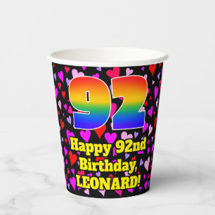 92. Geburtstag: Loving Hearts Pattern, Rainbow 92 Pappbecher