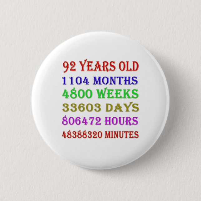92. Geburtstag - Meilensteine Button (Vorderseite)