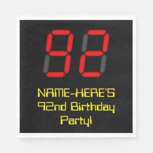 92. Geburtstag: Rote Digitaluhr-Art "92" + Name Serviette
