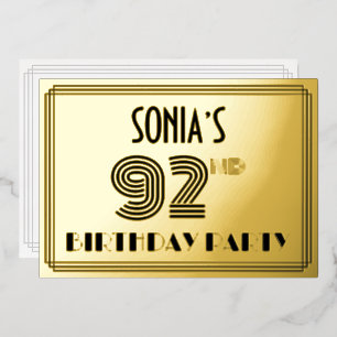 92. Geburtstagsfeier — Art Deco-Stil „92“ & Name Folieneinladung