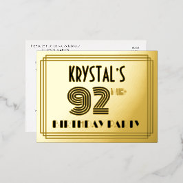 92. Geburtstagsparty ~ Art-Deco-Stil "92" + Name Folie Einladungspostkarte