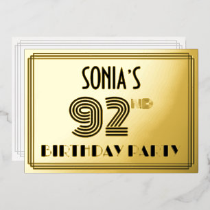 92. Geburtstagsparty — Art Deco Style "92" & Name Folieneinladung