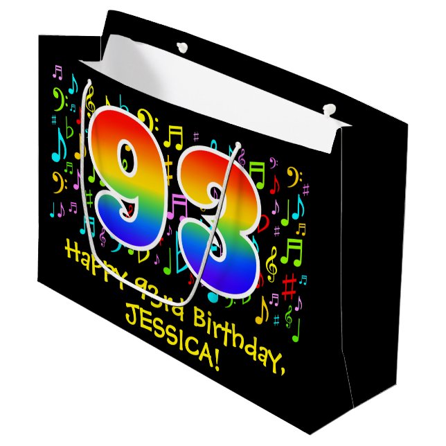 93. Geburtstag - Farbige Musiksymbole, Regenbogen  Große Geschenktüte (Vorderseite Schrägansicht)