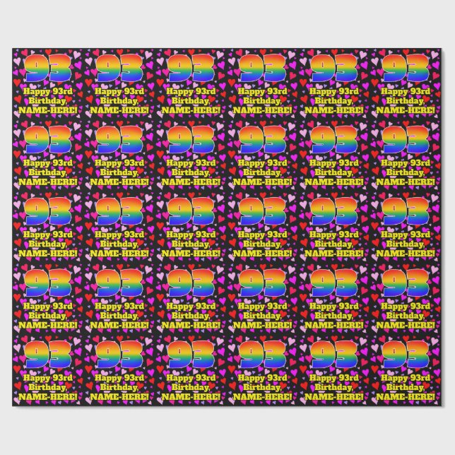 93. Geburtstag: Loving Hearts Pattern, Regenbogen  Geschenkpapier (Flach)