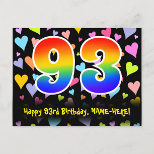 93. Geburtstag: Lustiges Herzen-Muster, Regenbogen Postkarte