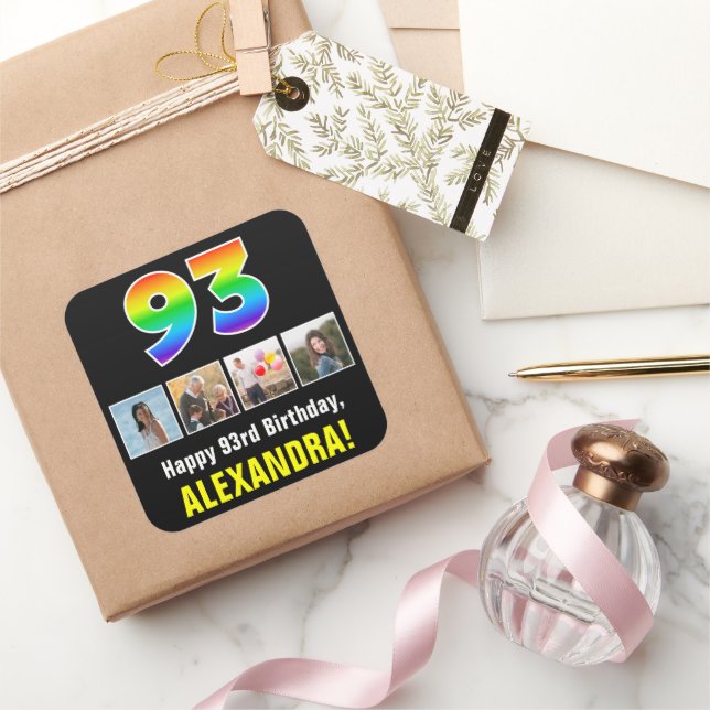 93. Geburtstag: Regenbogen "93"; benutzerdefiniert Quadratischer Aufkleber (Schenken)