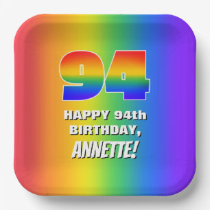 94. Geburtstag: Farbiges, lustiges Regenbogenmuste Pappteller
