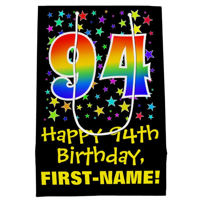 94. Geburtstag: Farbiges Sternenmuster & Regenboge Mittlere Geschenktüte (Rückseite)