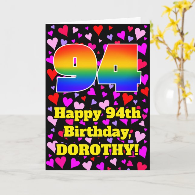 94. Geburtstag: Loving Hearts Pattern, Regenbogen  Karte (Gelbe Blume)