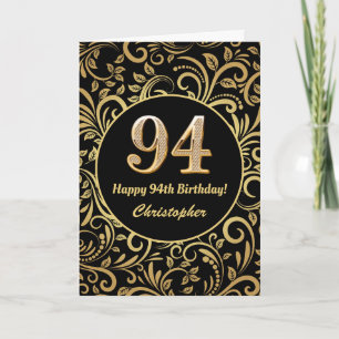 94. Geburtstag Schwarz und Gold Floral Muster Karte