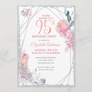 95. Geburtstag Blumenrot Rose Aquarellfarben Party Einladung
