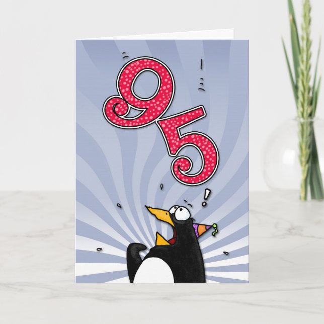 95. Geburtstag - Pinguin-Überraschungskarte Karte (Vorderseite)