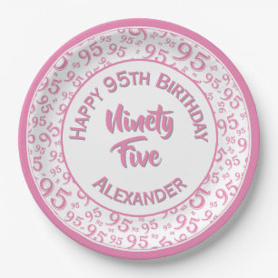 95. Geburtstag Random Number Pattern Pink/Weiß Pappteller