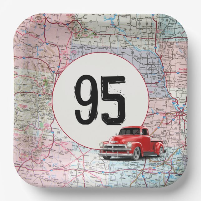 95. Geburtstag Red Retro Truck auf Roadmap Pappteller (Vorderseite)