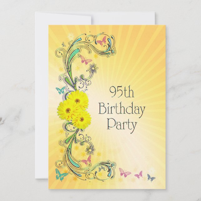 95. Geburtstagsparty Einladung mit gelben Blumen (Vorderseite)
