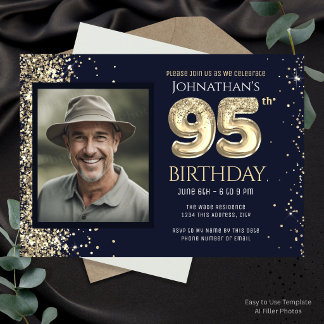 95. Geburtstagsparty Gold Glitzer Blue Foto Einladung