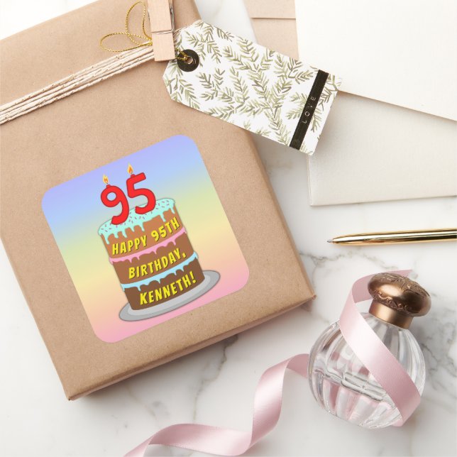 95th Birthday: Fun Cake and Candles + Custom Name Quadratischer Aufkleber (Schenken)