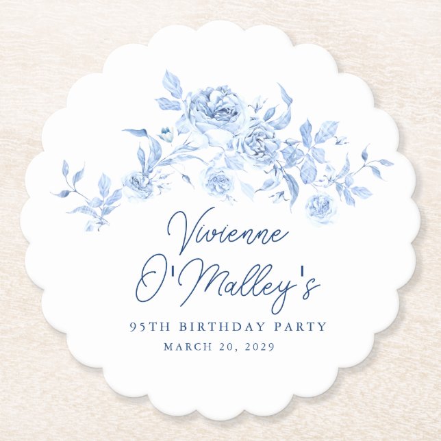 95th Birthday Party Blue Rose Floral Custom Untersetzer (Vorderseite)