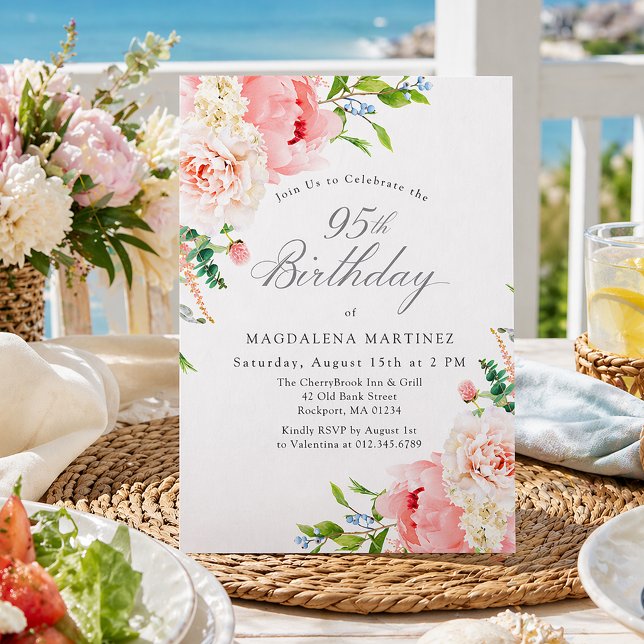 95th Birthday Party Feminine Pink Roses Floral Einladung (Von Creator hochgeladen)
