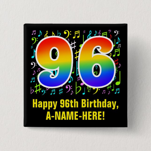 96. Geburtstag: Farbige Musiksymbole, Regenbogen 9 Button (Vorderseite)