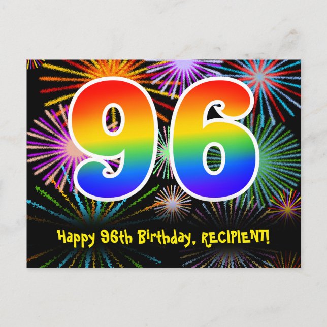 96. Geburtstag - Fun Fireworks Pattern + Rainbow 9 Postkarte (Vorderseite)