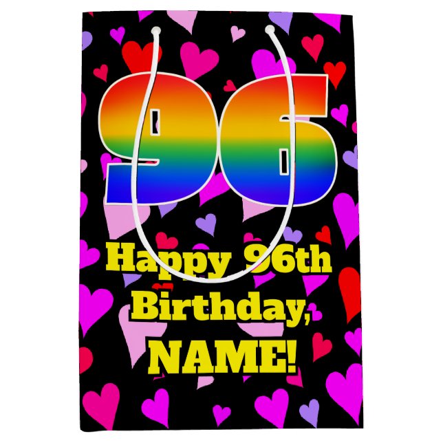 96. Geburtstag: Loving Hearts Pattern, Regenbogen  Mittlere Geschenktüte (Vorderseite)