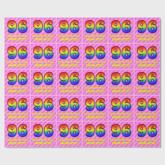 96. Geburtstag: Rosa Streifen & Herz, Regenbogen # Geschenkpapier (Flach)