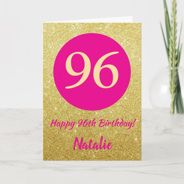 96. Happy Birthday Hot Pink und Gold Glitzer Karte (Vorderseite)