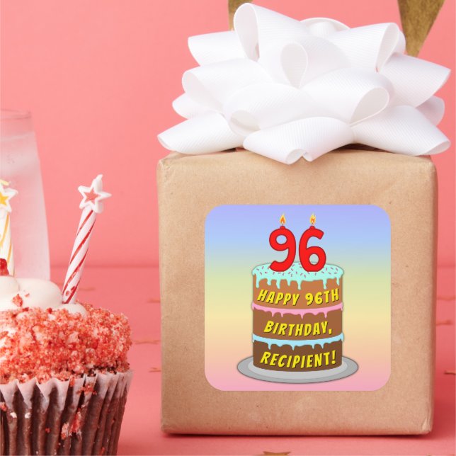 96th Birthday: Fun Cake and Candles + Custom Name Quadratischer Aufkleber (Party)