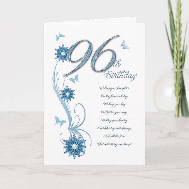 96th birthday in teal with flowers and butterfly karte (Vorderseite)