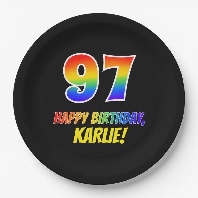 97. Geburtstag: Bold, Fun, Simple, Rainbow 97 Pappteller (Vorderseite)