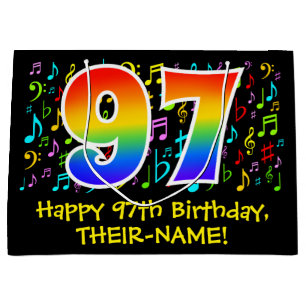 97. Geburtstag - Farbige Musiksymbole, Regenbogen  Große Geschenktüte