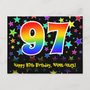 97. Geburtstag: Fun Stars Pattern, Regenbogen 97,  Postkarte